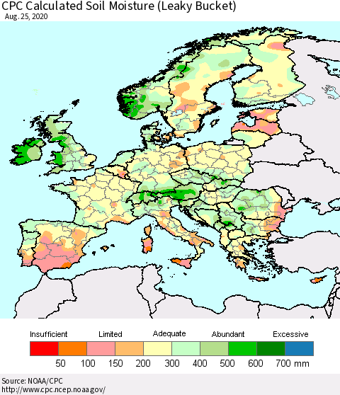 Europe CPC Soil Moisture (Leaky Bucket) Thematic Map For 8/21/2020 - 8/25/2020