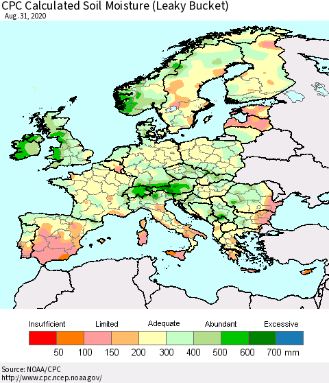 Europe CPC Soil Moisture (Leaky Bucket) Thematic Map For 8/26/2020 - 8/31/2020