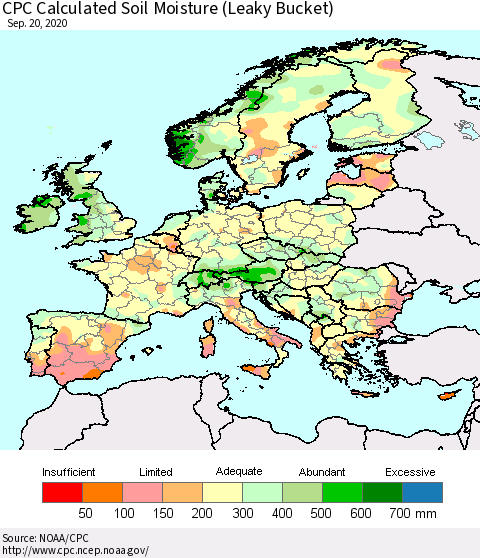 Europe CPC Soil Moisture (Leaky Bucket) Thematic Map For 9/16/2020 - 9/20/2020