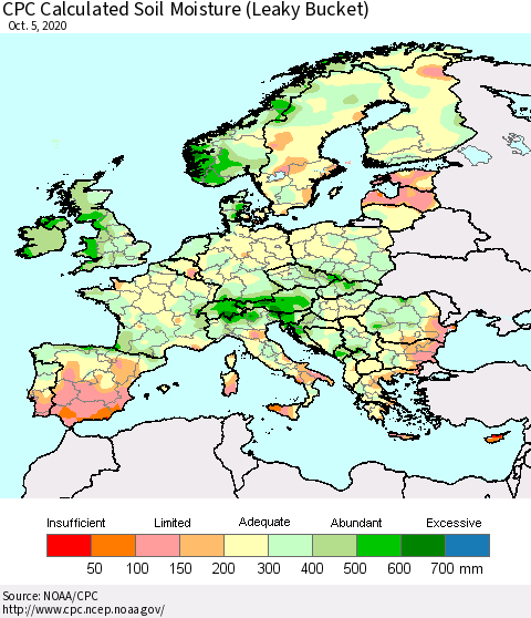 Europe CPC Soil Moisture (Leaky Bucket) Thematic Map For 10/1/2020 - 10/5/2020