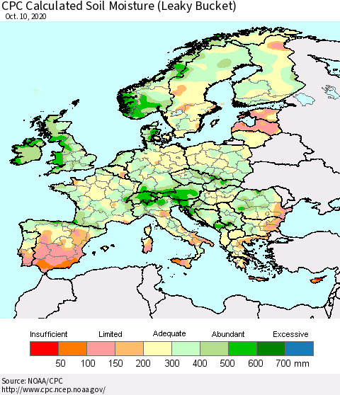 Europe CPC Soil Moisture (Leaky Bucket) Thematic Map For 10/6/2020 - 10/10/2020