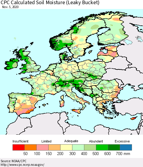 Europe CPC Soil Moisture (Leaky Bucket) Thematic Map For 11/1/2020 - 11/5/2020