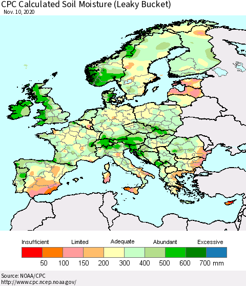 Europe CPC Soil Moisture (Leaky Bucket) Thematic Map For 11/6/2020 - 11/10/2020