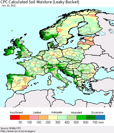 Europe CPC Soil Moisture (Leaky Bucket) Thematic Map For 1/6/2021 - 1/10/2021