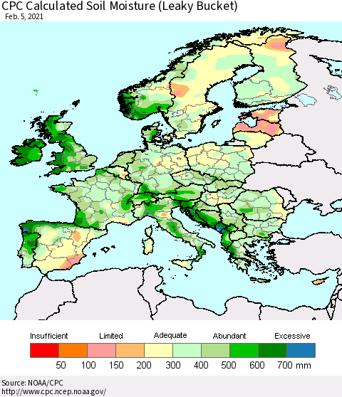 Europe CPC Soil Moisture (Leaky Bucket) Thematic Map For 2/1/2021 - 2/5/2021