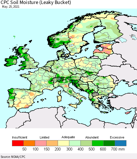 Europe CPC Soil Moisture (Leaky Bucket) Thematic Map For 5/21/2021 - 5/25/2021