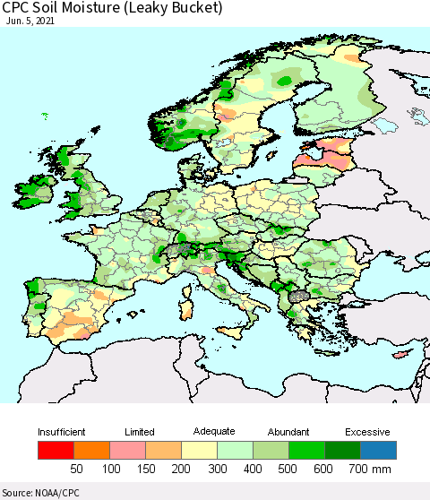 Europe CPC Soil Moisture (Leaky Bucket) Thematic Map For 6/1/2021 - 6/5/2021