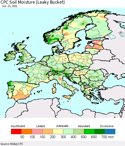 Europe CPC Soil Moisture (Leaky Bucket) Thematic Map For 6/21/2021 - 6/25/2021