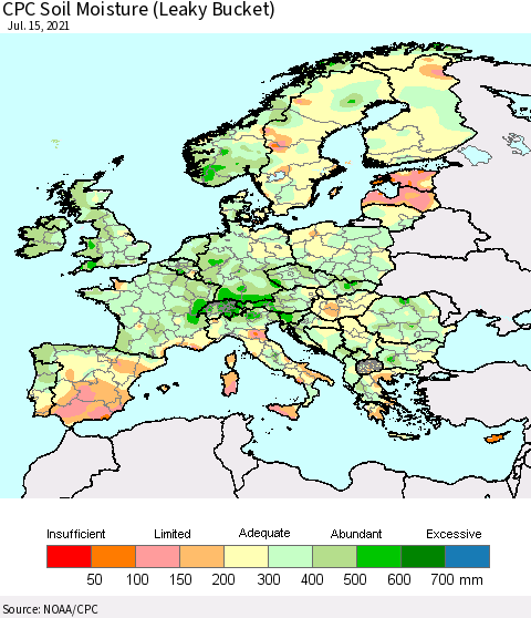 Europe CPC Soil Moisture (Leaky Bucket) Thematic Map For 7/11/2021 - 7/15/2021
