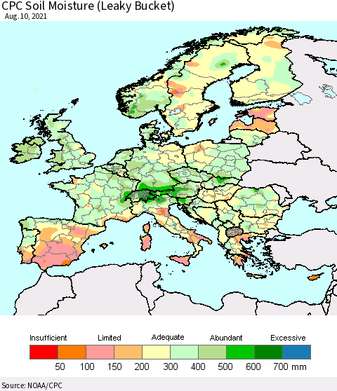 Europe CPC Soil Moisture (Leaky Bucket) Thematic Map For 8/6/2021 - 8/10/2021
