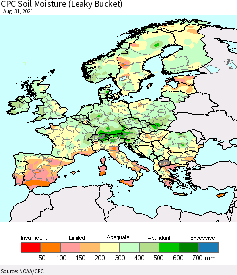 Europe CPC Soil Moisture (Leaky Bucket) Thematic Map For 8/26/2021 - 8/31/2021