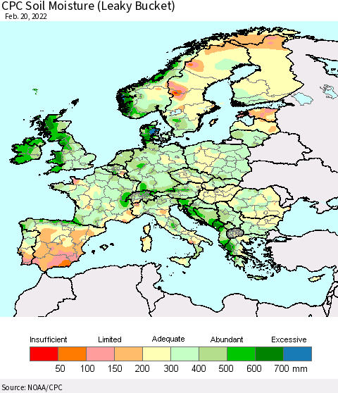 Europe CPC Soil Moisture (Leaky Bucket) Thematic Map For 2/16/2022 - 2/20/2022