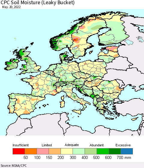 Europe CPC Soil Moisture (Leaky Bucket) Thematic Map For 5/16/2022 - 5/20/2022