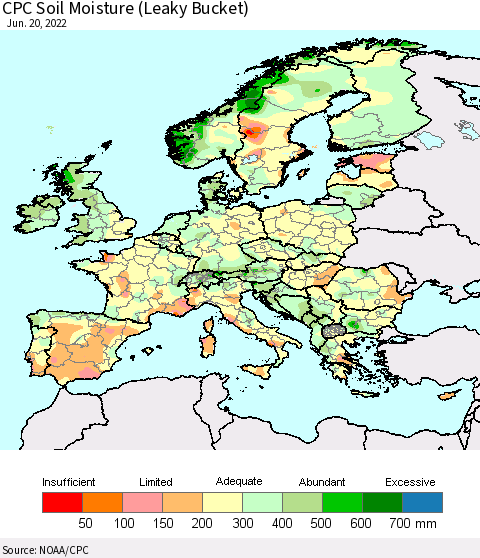 Europe CPC Soil Moisture (Leaky Bucket) Thematic Map For 6/16/2022 - 6/20/2022