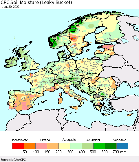 Europe CPC Soil Moisture (Leaky Bucket) Thematic Map For 6/26/2022 - 6/30/2022