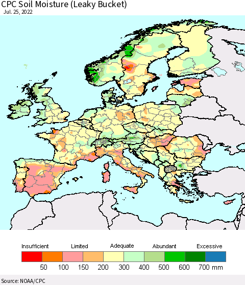 Europe CPC Soil Moisture (Leaky Bucket) Thematic Map For 7/21/2022 - 7/25/2022