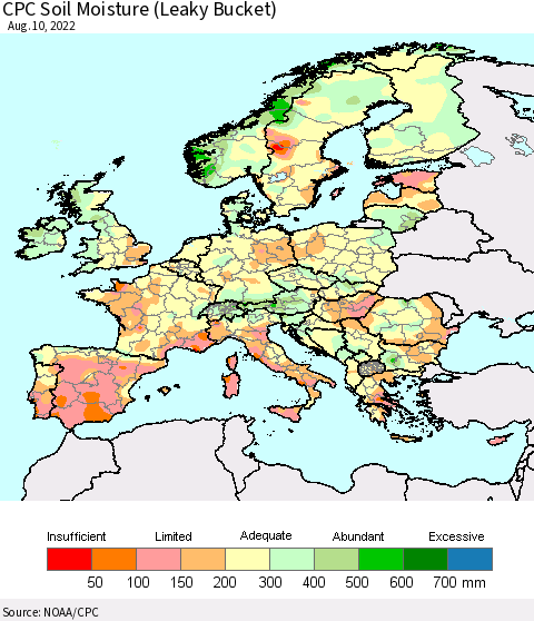 Europe CPC Soil Moisture (Leaky Bucket) Thematic Map For 8/6/2022 - 8/10/2022