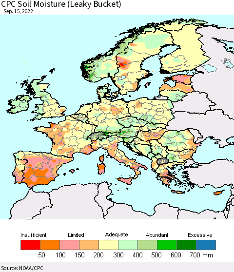 Europe CPC Soil Moisture (Leaky Bucket) Thematic Map For 9/11/2022 - 9/15/2022