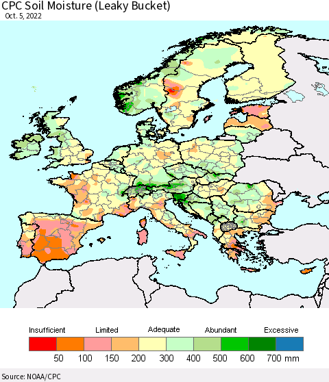 Europe CPC Soil Moisture (Leaky Bucket) Thematic Map For 10/1/2022 - 10/5/2022
