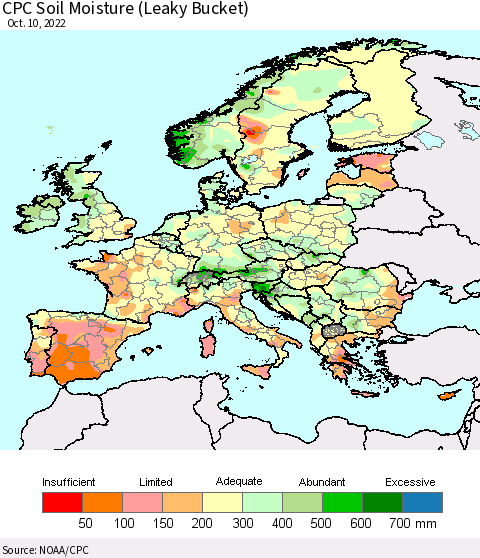 Europe CPC Soil Moisture (Leaky Bucket) Thematic Map For 10/6/2022 - 10/10/2022