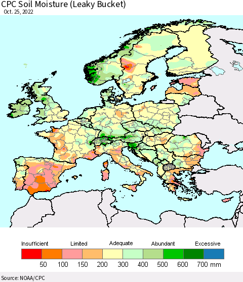 Europe CPC Soil Moisture (Leaky Bucket) Thematic Map For 10/21/2022 - 10/25/2022