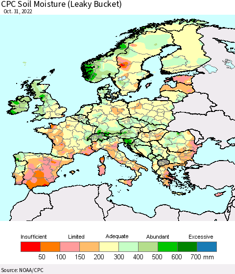 Europe CPC Soil Moisture (Leaky Bucket) Thematic Map For 10/26/2022 - 10/31/2022