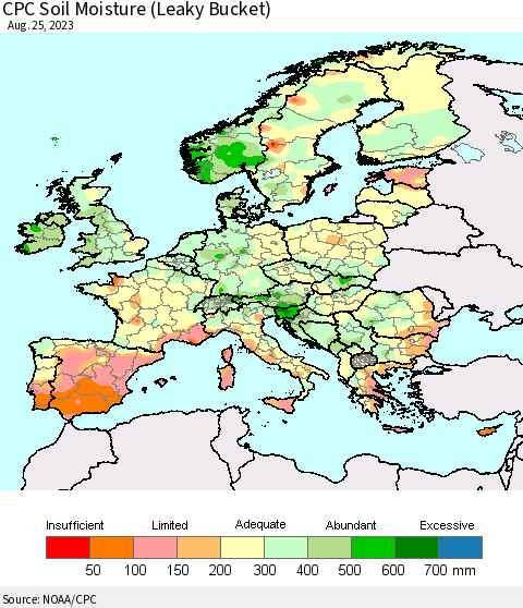 Europe CPC Soil Moisture (Leaky Bucket) Thematic Map For 8/21/2023 - 8/25/2023