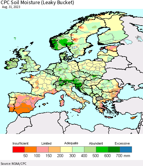 Europe CPC Soil Moisture (Leaky Bucket) Thematic Map For 8/26/2023 - 8/31/2023