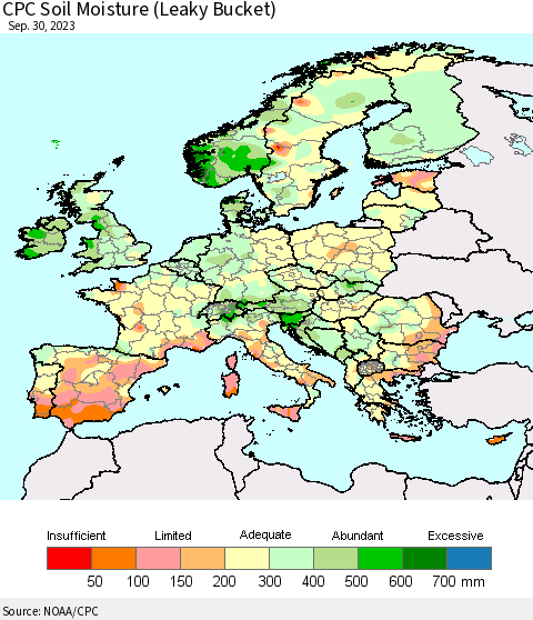 Europe CPC Soil Moisture (Leaky Bucket) Thematic Map For 9/26/2023 - 9/30/2023