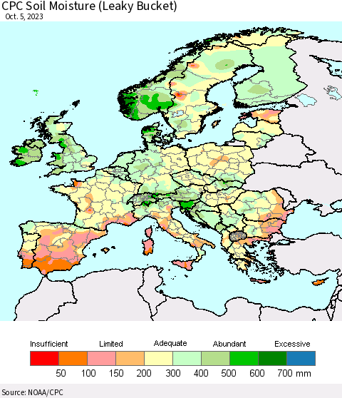 Europe CPC Soil Moisture (Leaky Bucket) Thematic Map For 10/1/2023 - 10/5/2023