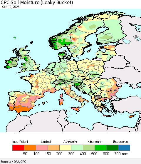 Europe CPC Soil Moisture (Leaky Bucket) Thematic Map For 10/6/2023 - 10/10/2023