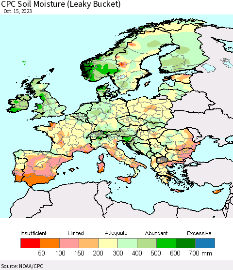 Europe CPC Soil Moisture (Leaky Bucket) Thematic Map For 10/11/2023 - 10/15/2023