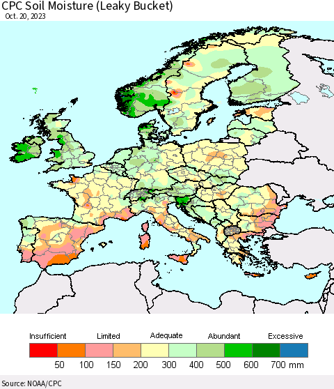 Europe CPC Soil Moisture (Leaky Bucket) Thematic Map For 10/16/2023 - 10/20/2023