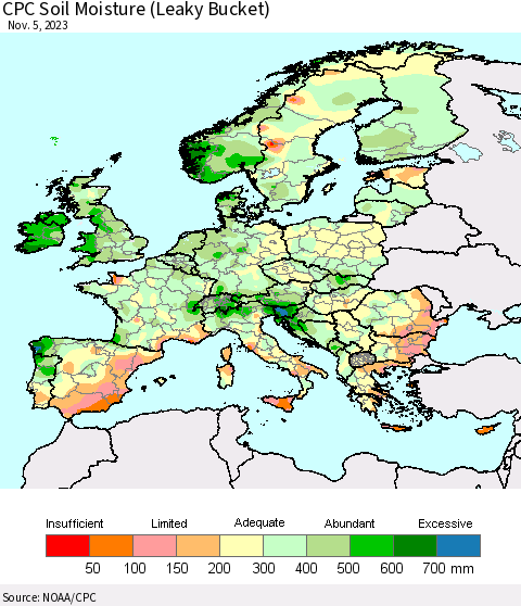 Europe CPC Soil Moisture (Leaky Bucket) Thematic Map For 11/1/2023 - 11/5/2023