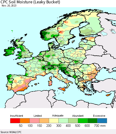 Europe CPC Soil Moisture (Leaky Bucket) Thematic Map For 11/16/2023 - 11/20/2023