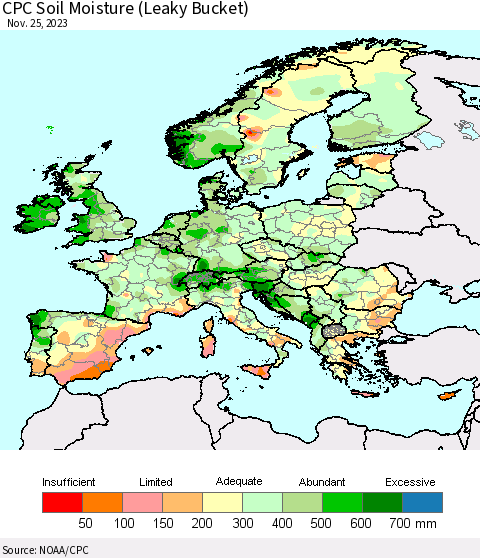 Europe CPC Soil Moisture (Leaky Bucket) Thematic Map For 11/21/2023 - 11/25/2023