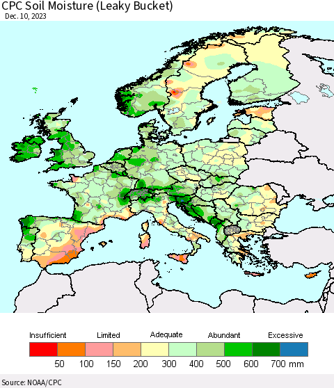 Europe CPC Soil Moisture (Leaky Bucket) Thematic Map For 12/6/2023 - 12/10/2023