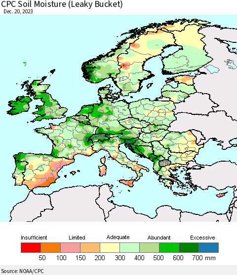 Europe CPC Soil Moisture (Leaky Bucket) Thematic Map For 12/16/2023 - 12/20/2023