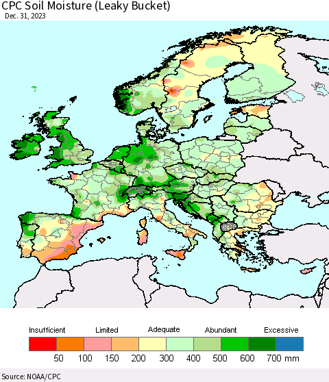 Europe CPC Soil Moisture (Leaky Bucket) Thematic Map For 12/26/2023 - 12/31/2023