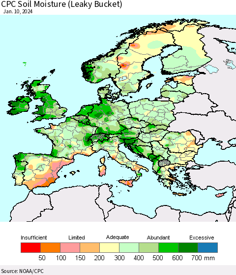 Europe CPC Soil Moisture (Leaky Bucket) Thematic Map For 1/6/2024 - 1/10/2024