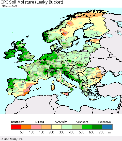 Europe CPC Soil Moisture (Leaky Bucket) Thematic Map For 3/6/2024 - 3/10/2024