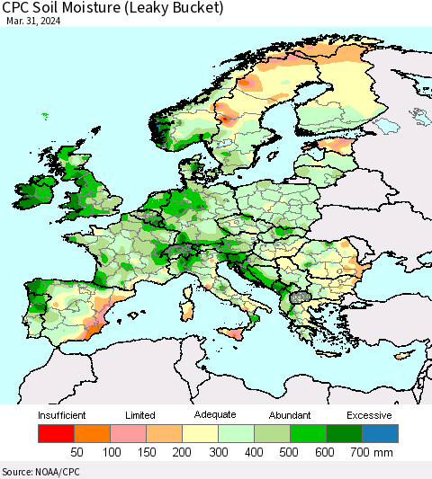Europe CPC Soil Moisture (Leaky Bucket) Thematic Map For 3/26/2024 - 3/31/2024