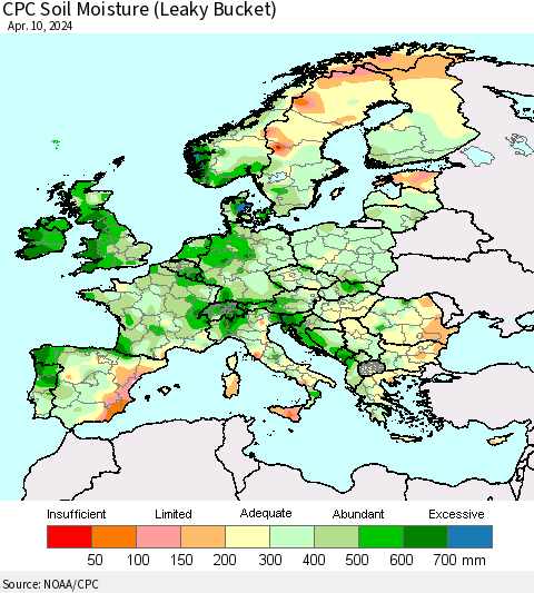 Europe CPC Soil Moisture (Leaky Bucket) Thematic Map For 4/6/2024 - 4/10/2024