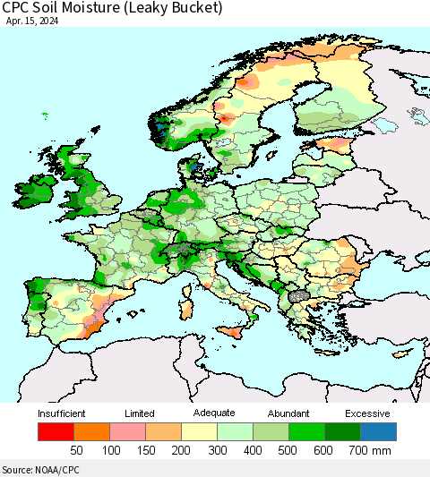 Europe CPC Soil Moisture (Leaky Bucket) Thematic Map For 4/11/2024 - 4/15/2024