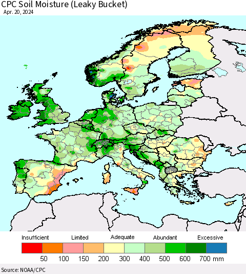 Europe CPC Soil Moisture (Leaky Bucket) Thematic Map For 4/16/2024 - 4/20/2024