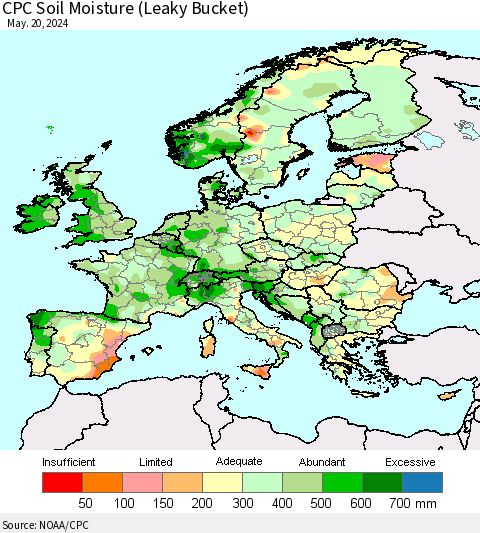 Europe CPC Soil Moisture (Leaky Bucket) Thematic Map For 5/16/2024 - 5/20/2024