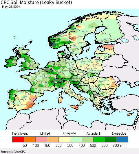 Europe CPC Soil Moisture (Leaky Bucket) Thematic Map For 5/21/2024 - 5/25/2024