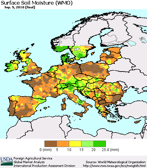 Europe Surface Soil Moisture (WMO) Thematic Map For 9/3/2018 - 9/9/2018