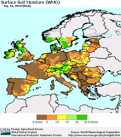 Europe Surface Soil Moisture (WMO) Thematic Map For 9/10/2018 - 9/16/2018
