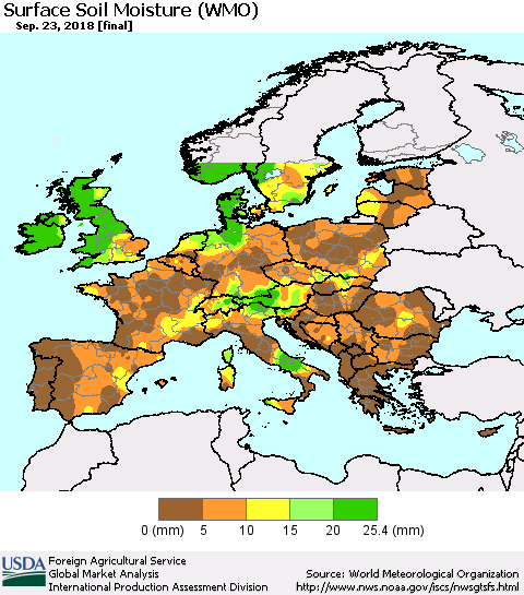 Europe Surface Soil Moisture (WMO) Thematic Map For 9/17/2018 - 9/23/2018